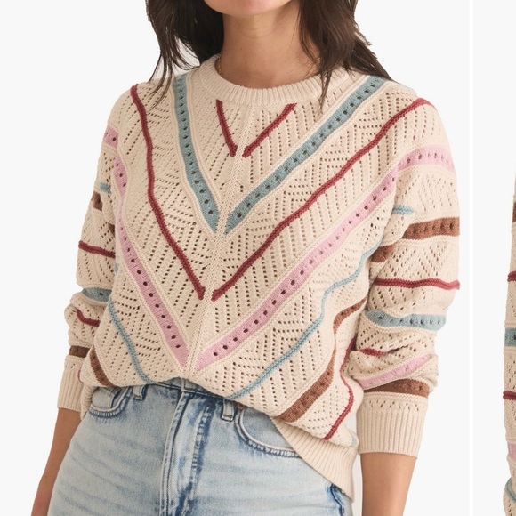Marine Layer Sweaters - Marine Layer Cream Open-Knit Crew Sweater with Blue and Berry Stripes